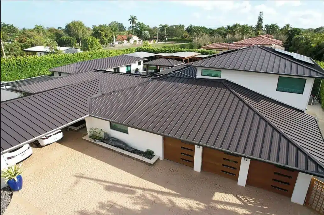 Aerial photo of dark gray standing seam metal roof.