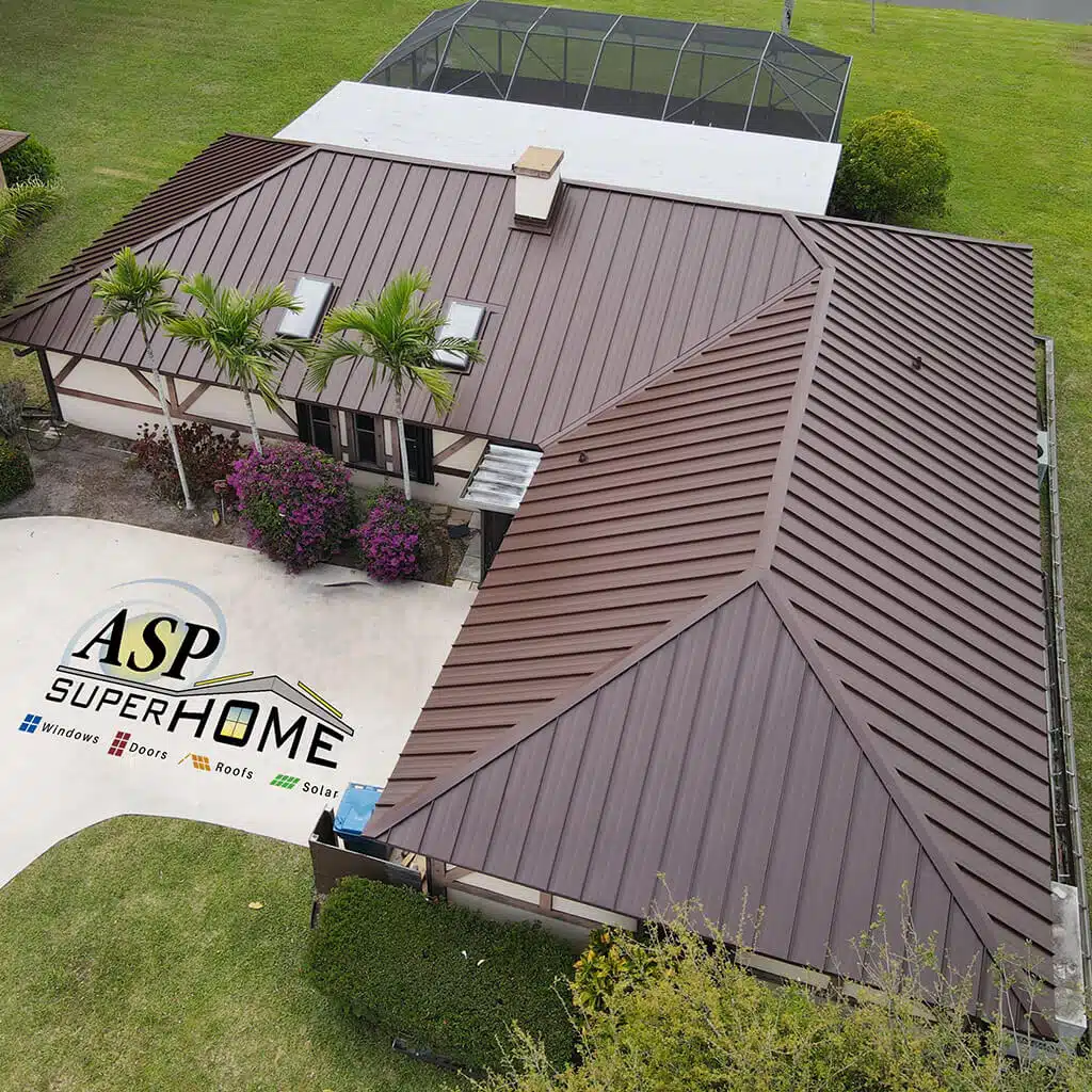 Aerial photo of brown standing seam metal roof.