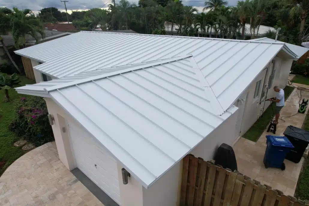 Aerial photo of white standing seam metal roof.