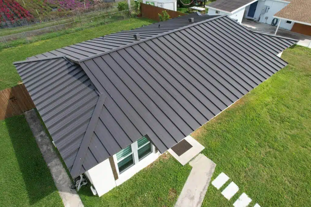 Aerial photo of dark gray standing seam metal roof.