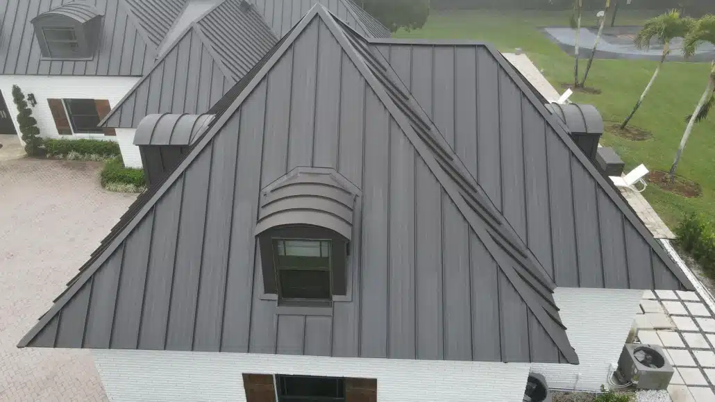 Aerial photo of dark gray standing seam metal roof.