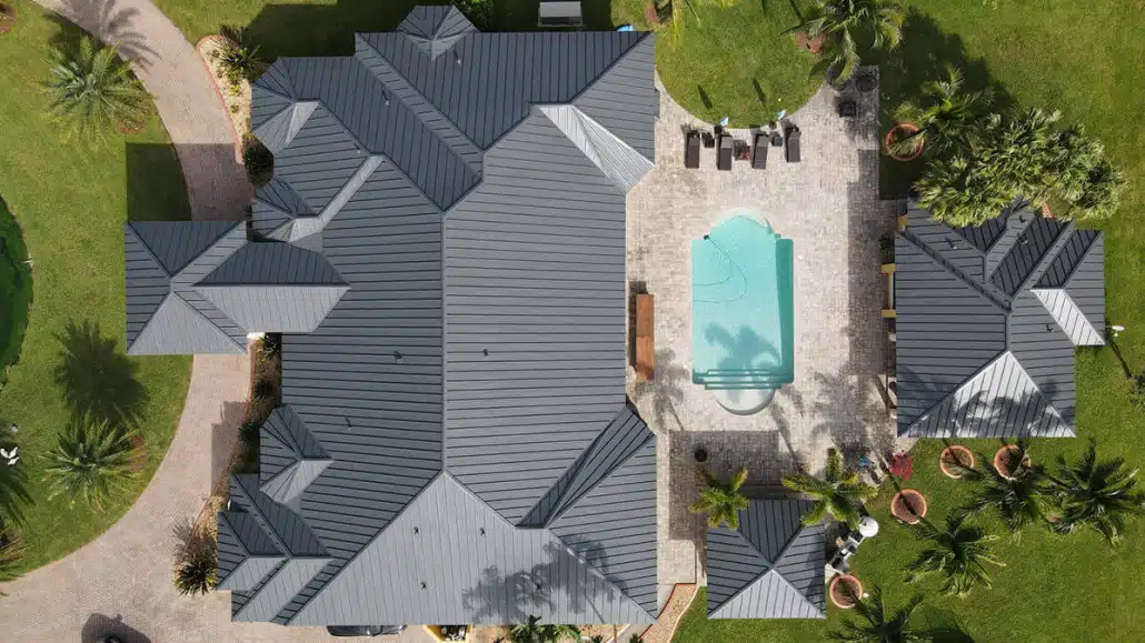 Aerial photo of gray standing seam metal roof.