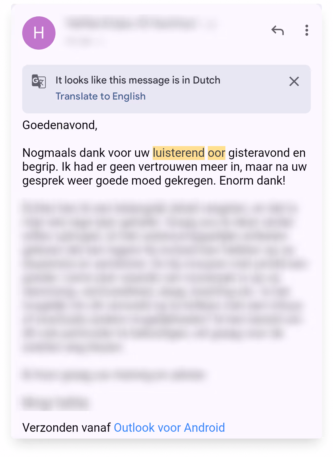 E-mailbericht in het Nederlands waarin iemand bedankt voor het luisterend oor en steun na een gesprek.