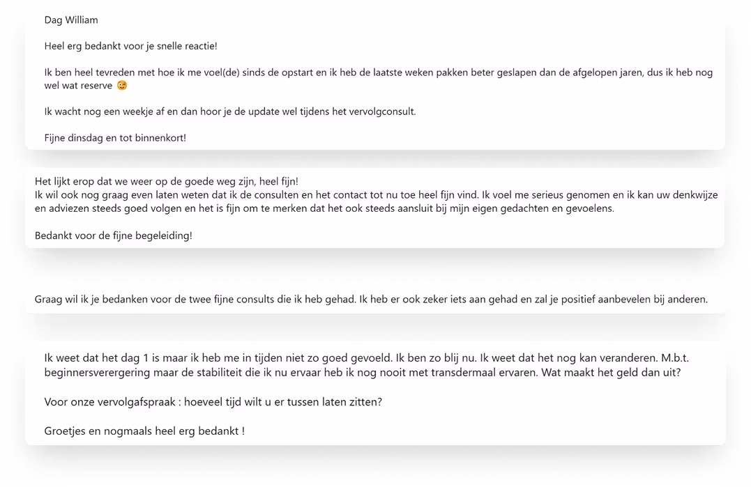 Vier Nederlandse testimonials in tekstblokken met dankbetuigingen over positieve ervaringen met consulten en begeleidingen.