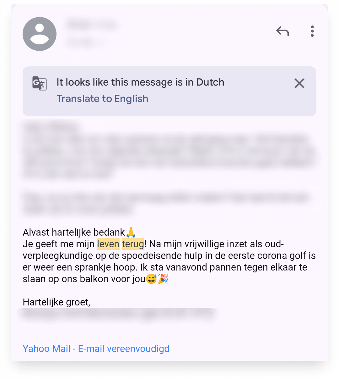 Screenshot van een e-mail in het Nederlands waarin iemand dank uitspreekt voor vrijwillige inzet als oud-verpleegkundige tijdens de eerste coronagolf en een sprankje hoop benoemt.