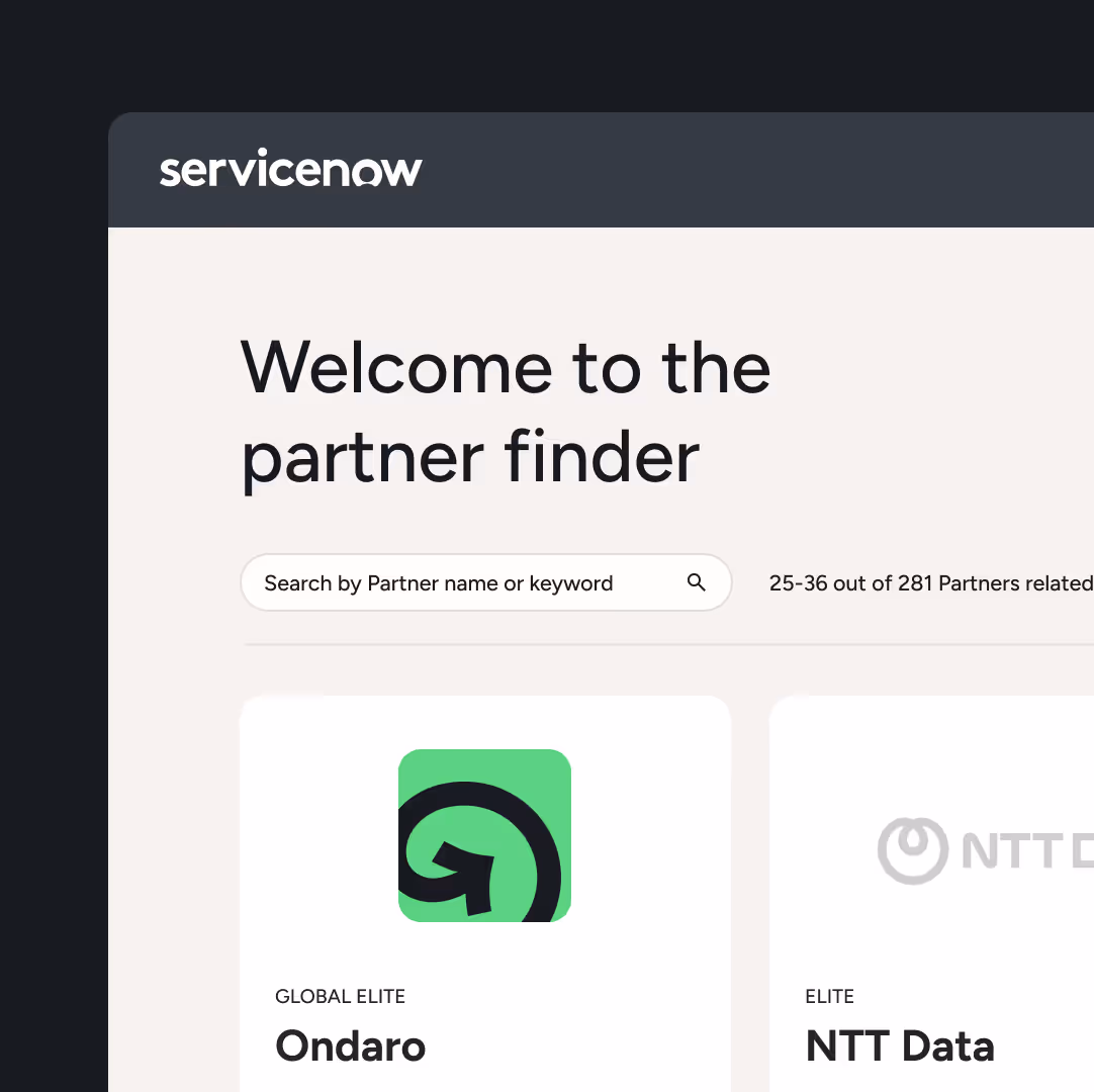 ServiceNow partner finder webpage showing a search bar and partner cards including Global Elite partner Ondaro and Elite partner NTT Data.