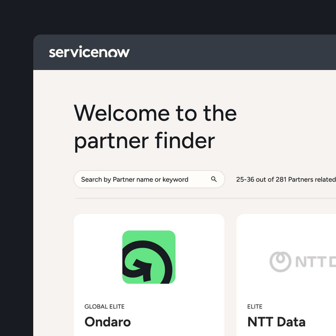ServiceNow partner finder webpage showing a search bar and partner cards including Global Elite partner Ondaro and Elite partner NTT Data.