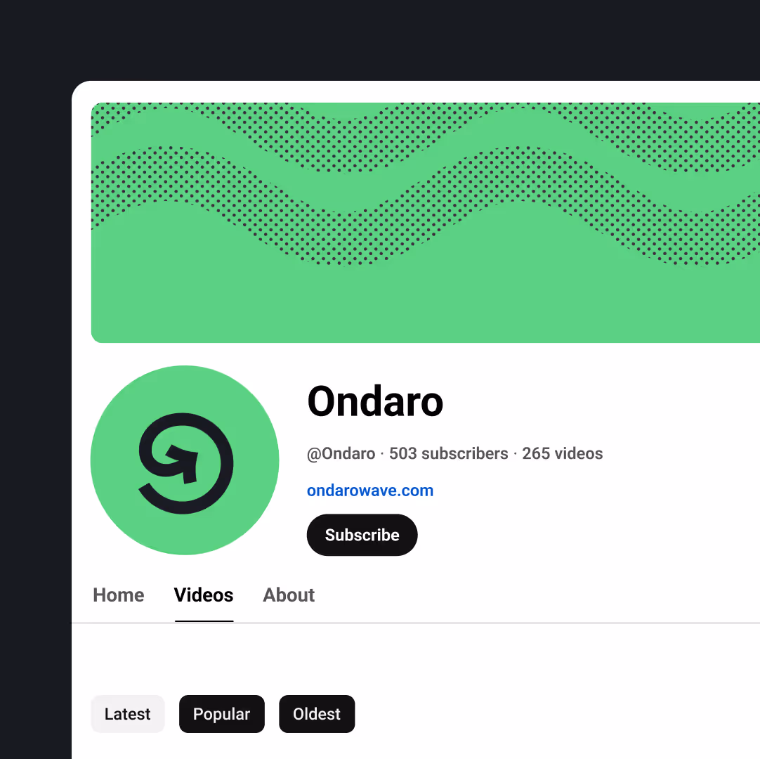 YouTube channel page for Ondaro with 503 subscribers and 265 videos, featuring a green circular logo with a black arrow inside, and a green banner with black dotted wavy lines.