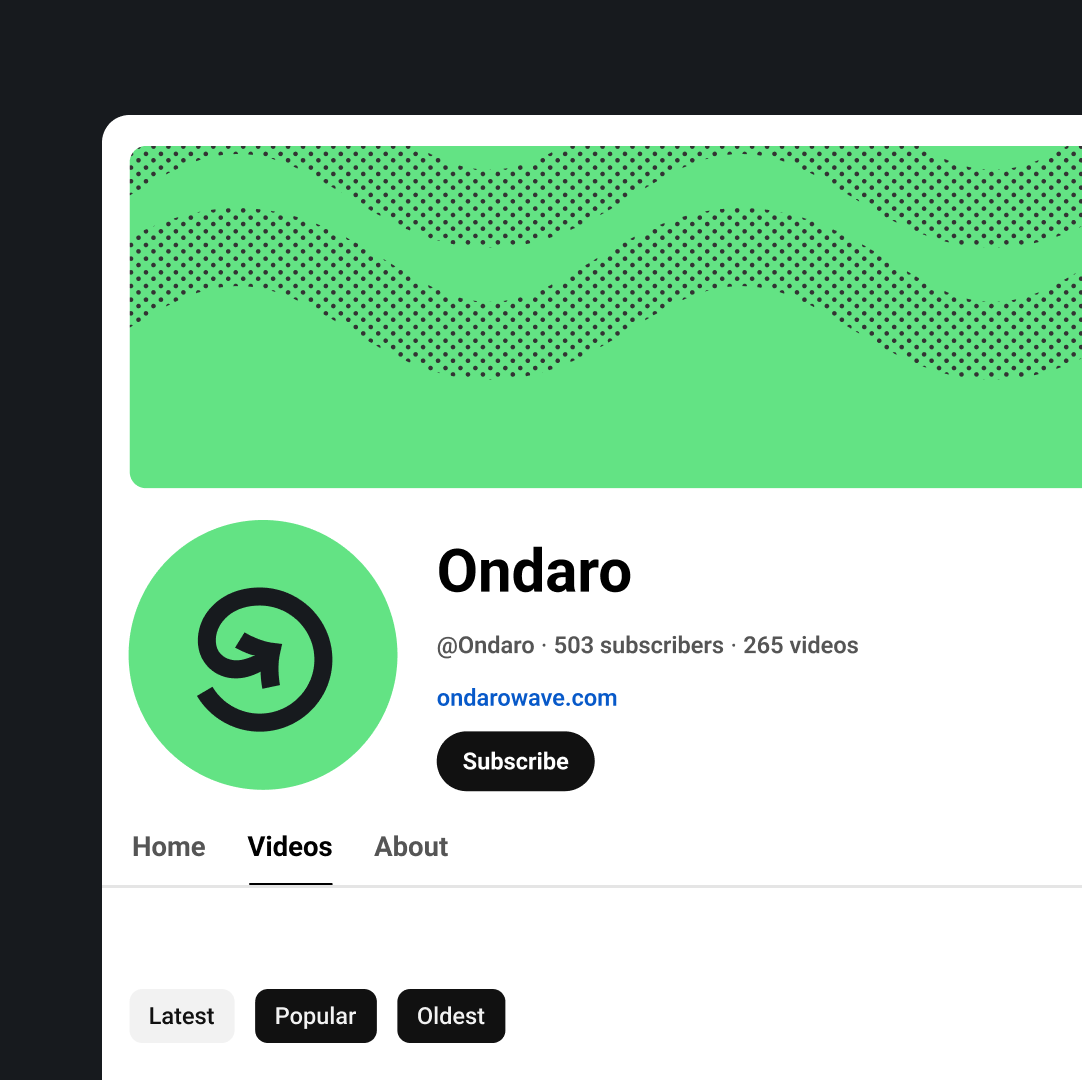 YouTube channel page for Ondaro with 503 subscribers and 265 videos, featuring a green circular logo with a black arrow inside, and a green banner with black dotted wavy lines.