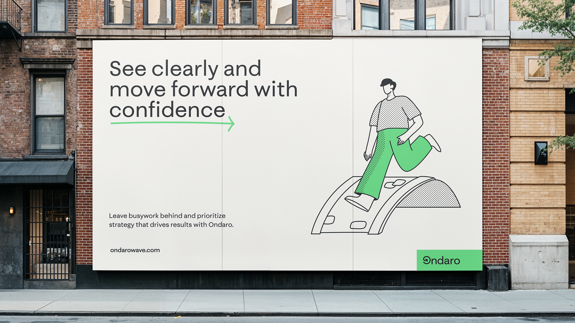 Billboard on a city street with slogan 'See clearly and move forward with confidence' alongside a stylized illustration of a person in green pants stepping forward.