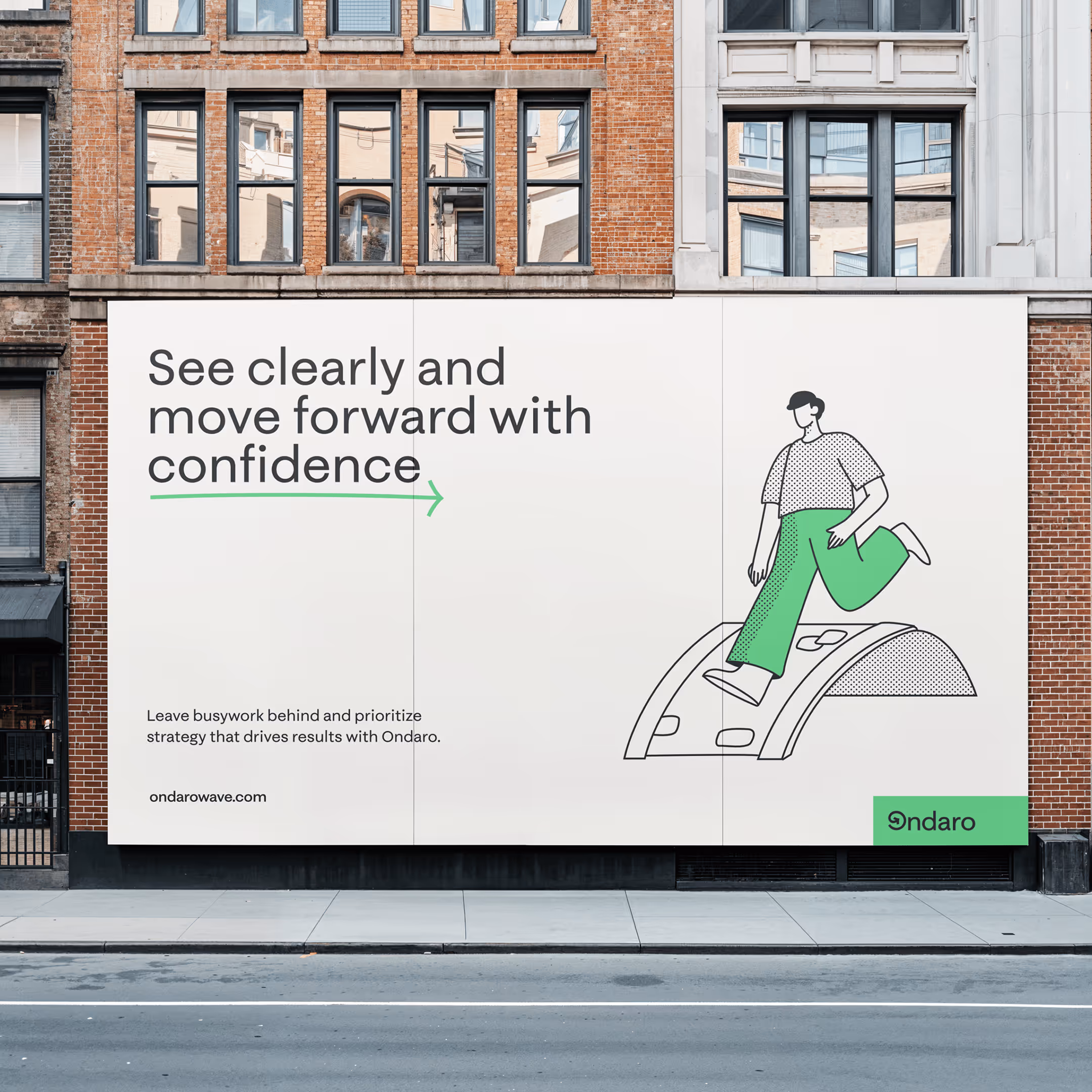 Outdoor billboard on a brick building with text 'See clearly and move forward with confidence' and an illustration of a person stepping forward on a curved path.