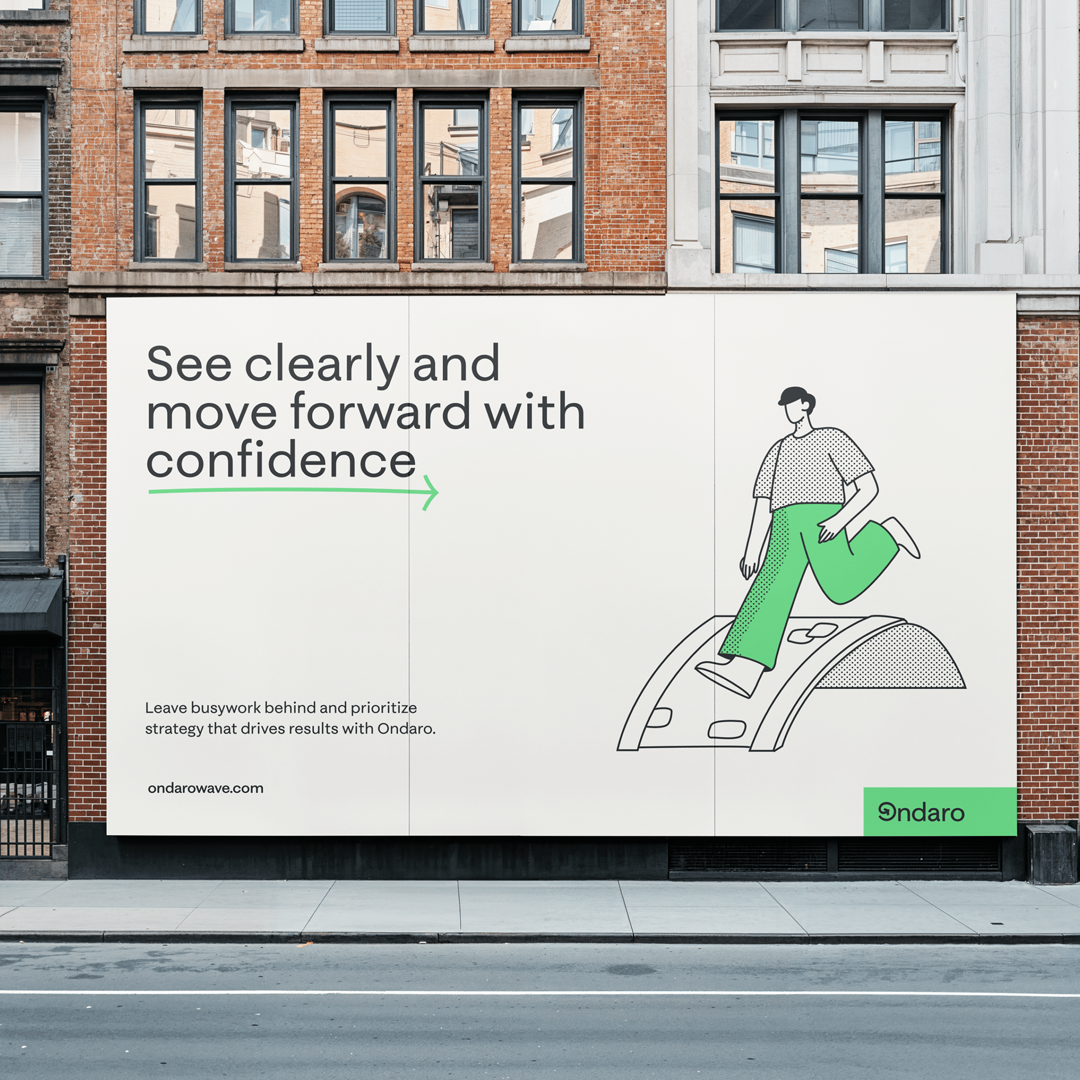 Outdoor billboard on a brick building with text 'See clearly and move forward with confidence' and an illustration of a person stepping forward on a curved path.