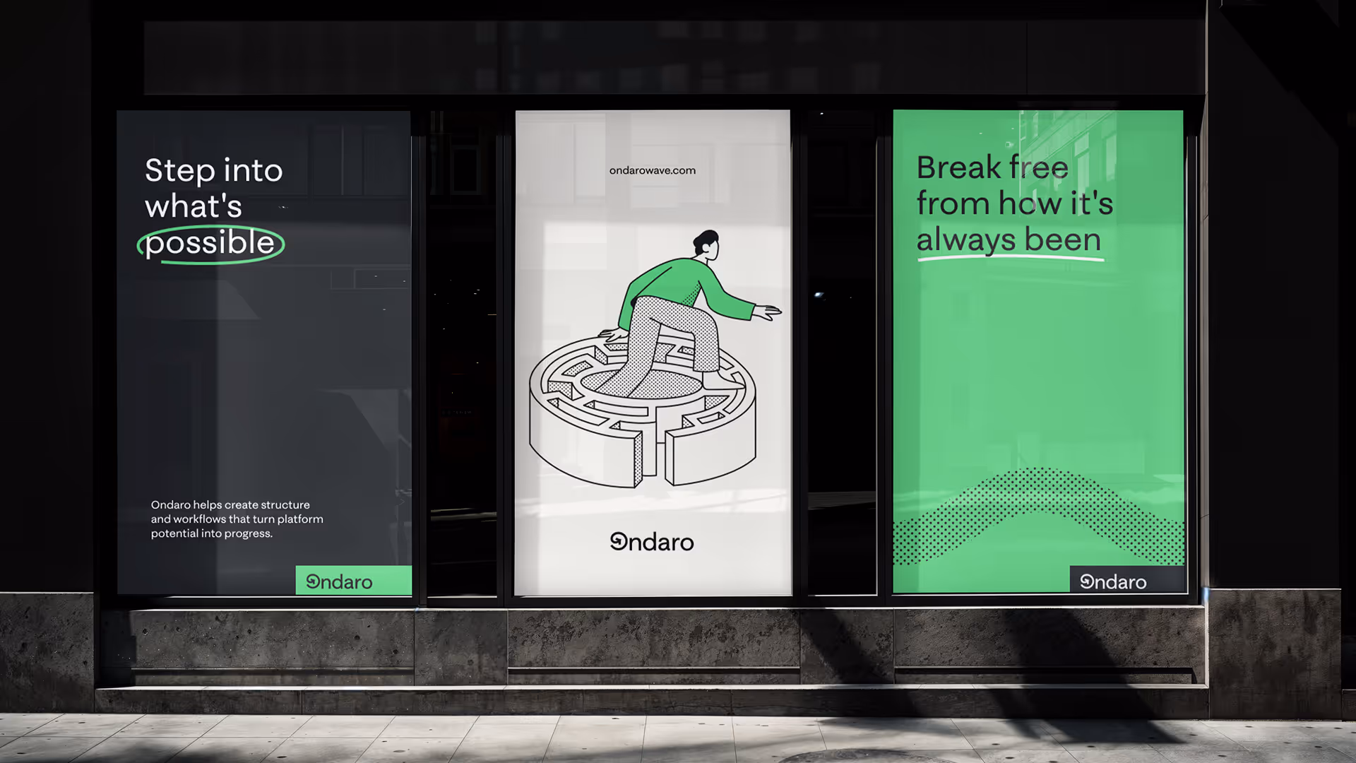 Three adjacent window posters with messages: left 'Step into what's possible' with 'possible' circled in green, middle shows person stepping over a circular maze with ondaro logo and website, right says 'Break free from how it's always been' underlined.