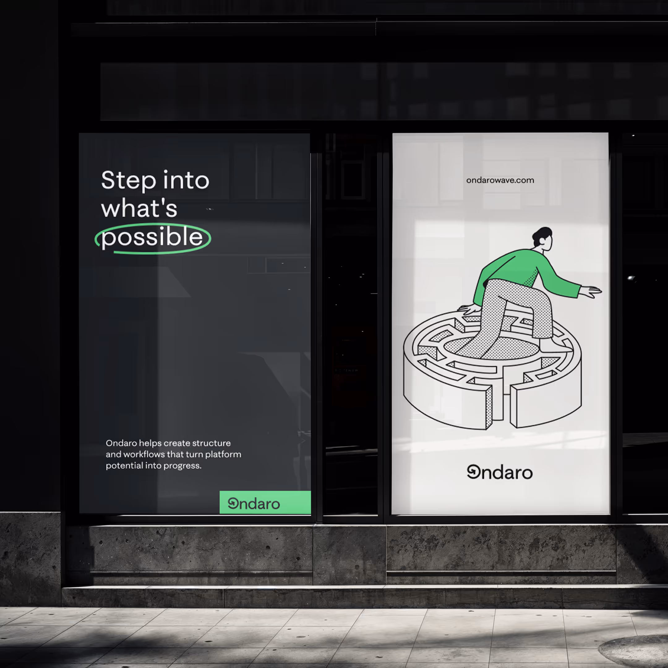 Window display advertisement with text 'Step into what's possible' and a person stepping through a circular maze, promoting Ondaro.