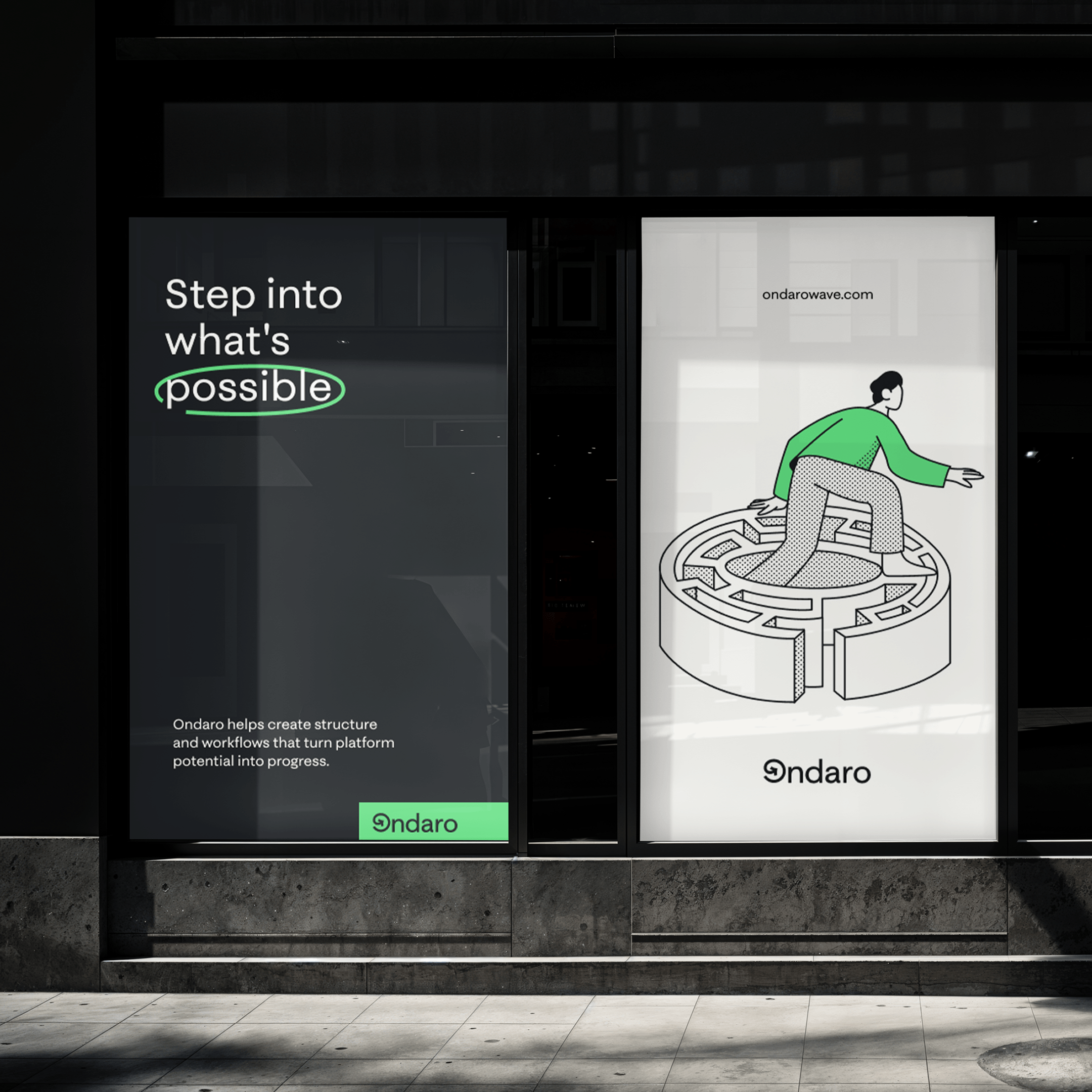 Window display advertisement with text 'Step into what's possible' and a person stepping through a circular maze, promoting Ondaro.