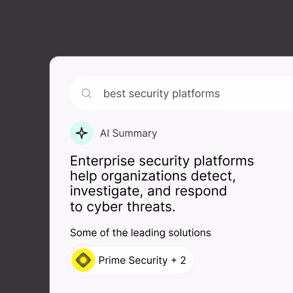 A search interface demonstrating AI-generated results for "best security platforms," featuring an AI summary and recommended solutions under the headline "Search and AI-answer visibility that gets you found before the sales conversation starts."