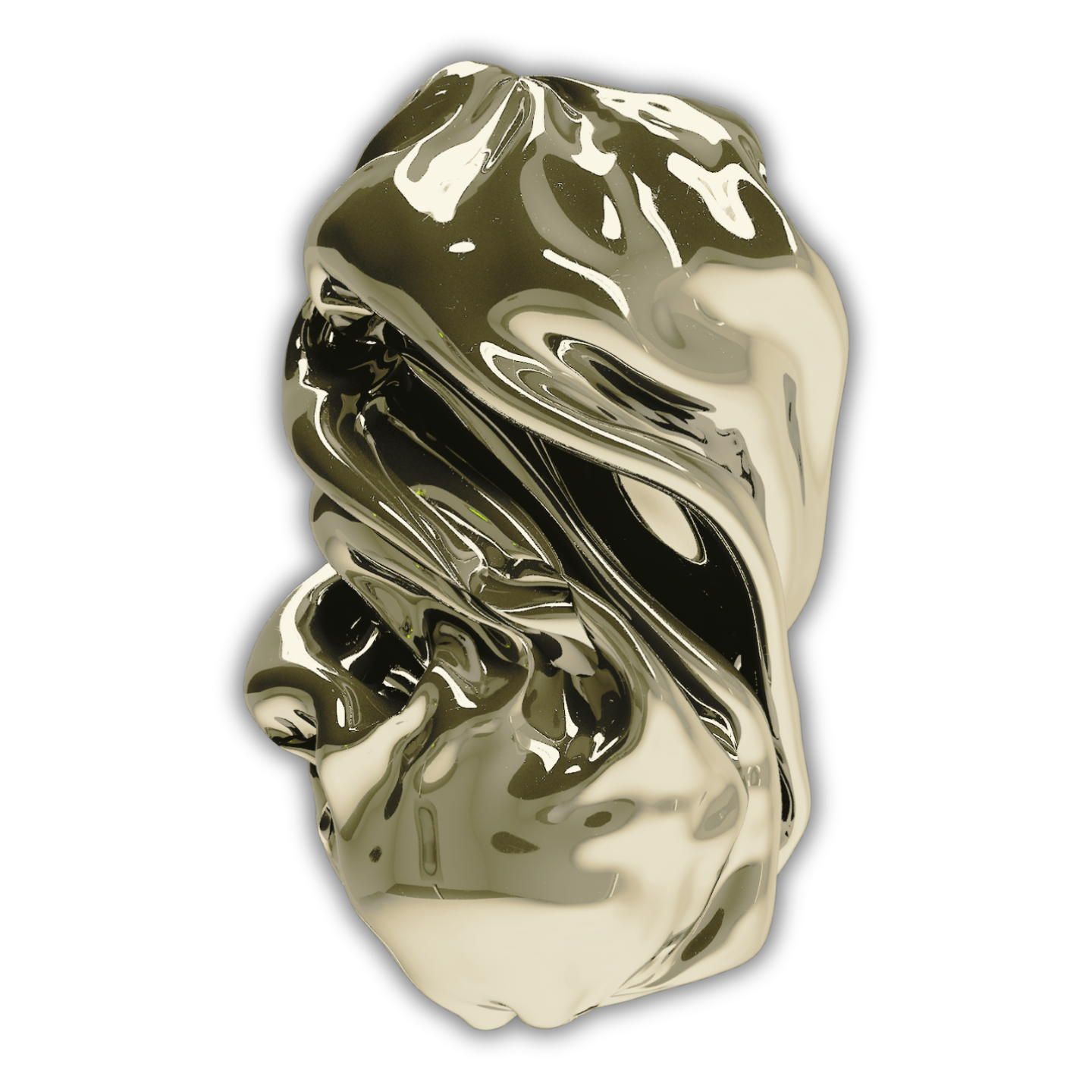 Reflective chrome sculpture with vertical, fluid drips, symbolizing Elementsist's branding alchemy and creative transformation.