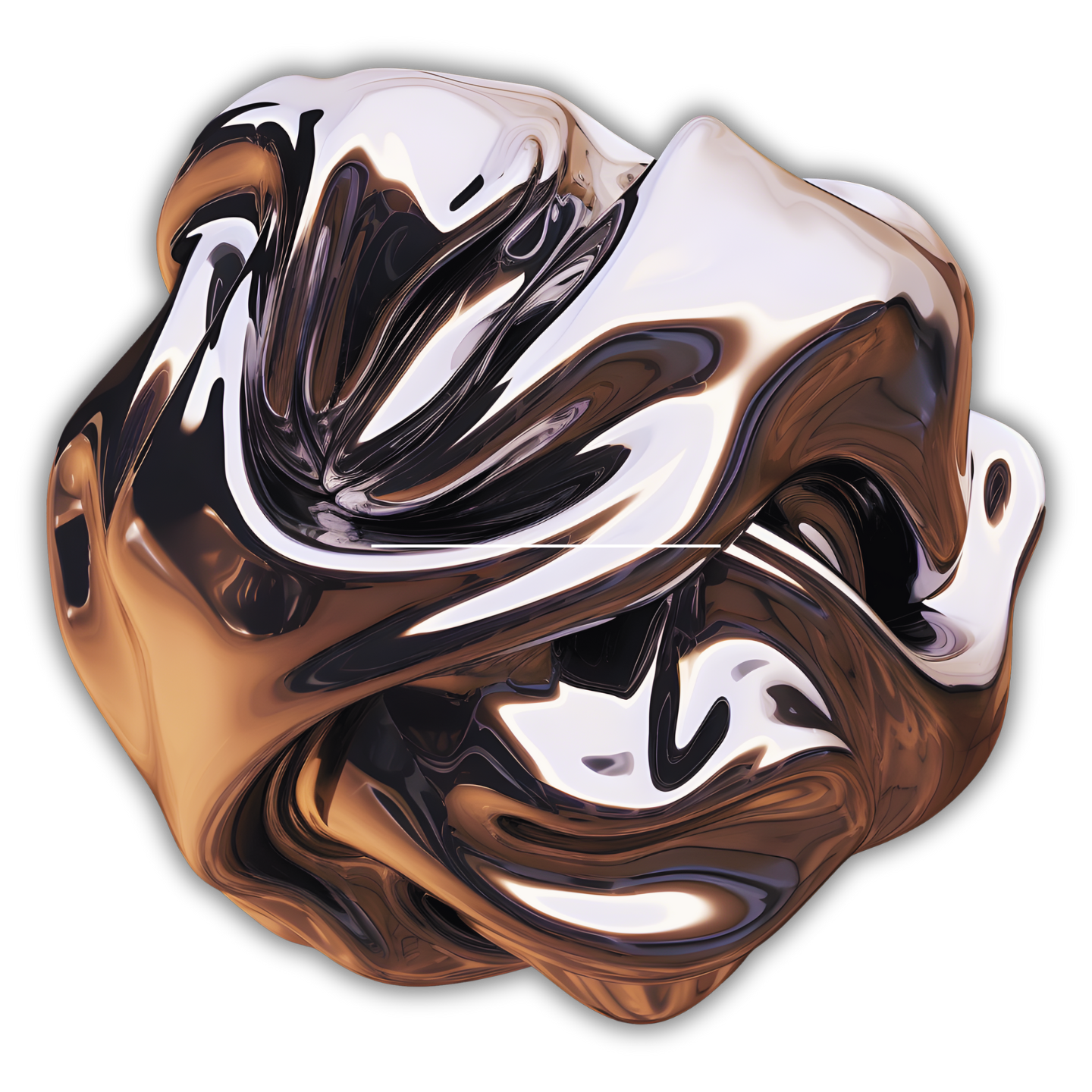 Abstract metallic sculpture with a reflective chrome surface, shaped into a fluid, organic form resembling a distorted sphere, against a solid black background. Symbolizes transformation and branding alchemy, aligning with Elementsist's theme of creative evolution and mastery.
