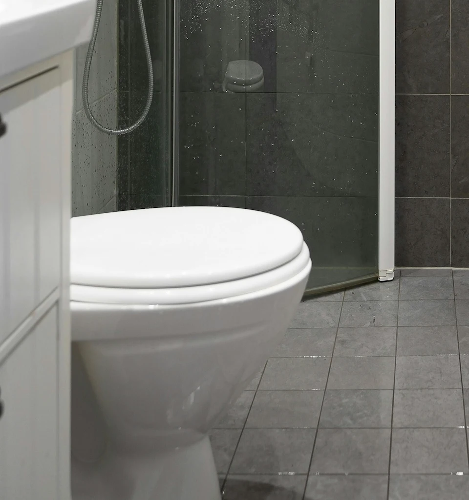 Toilette blanche fermée dans une salle de bain moderne avec douche à l'italienne et carrelage gris.