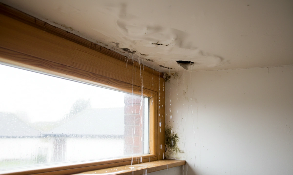 Plafond intérieur avec des taches d'humidité, moisissures et eau qui fuit près d'une fenêtre en bois.