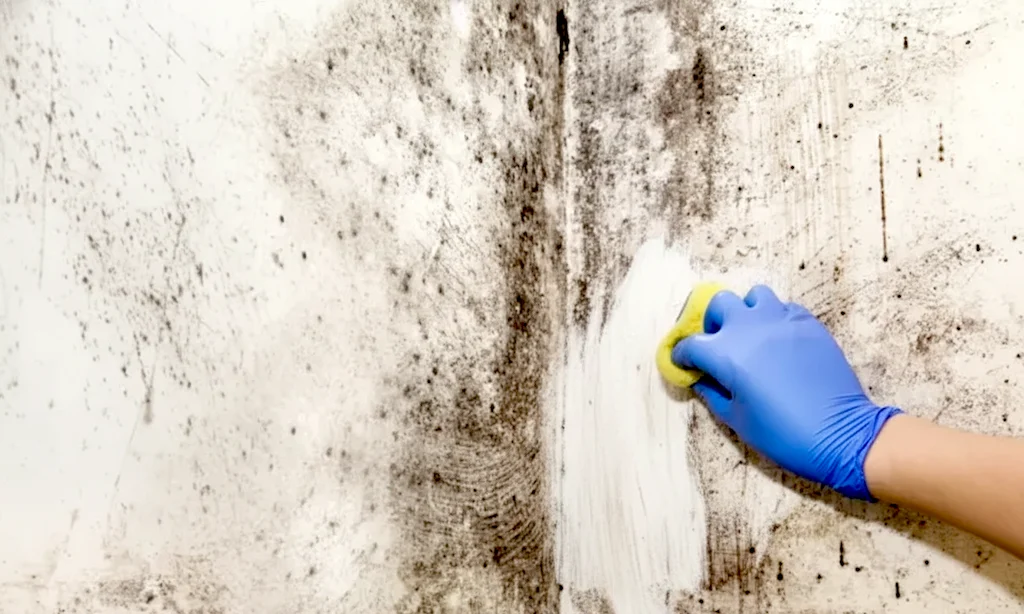 Main gantée en bleu nettoyant des moisissures noires sur un mur blanc avec une éponge jaune.