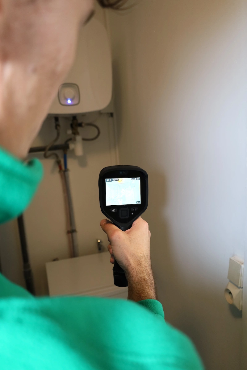 Person utilisant une caméra thermique pour inspecter une chaudière murale dans une pièce.