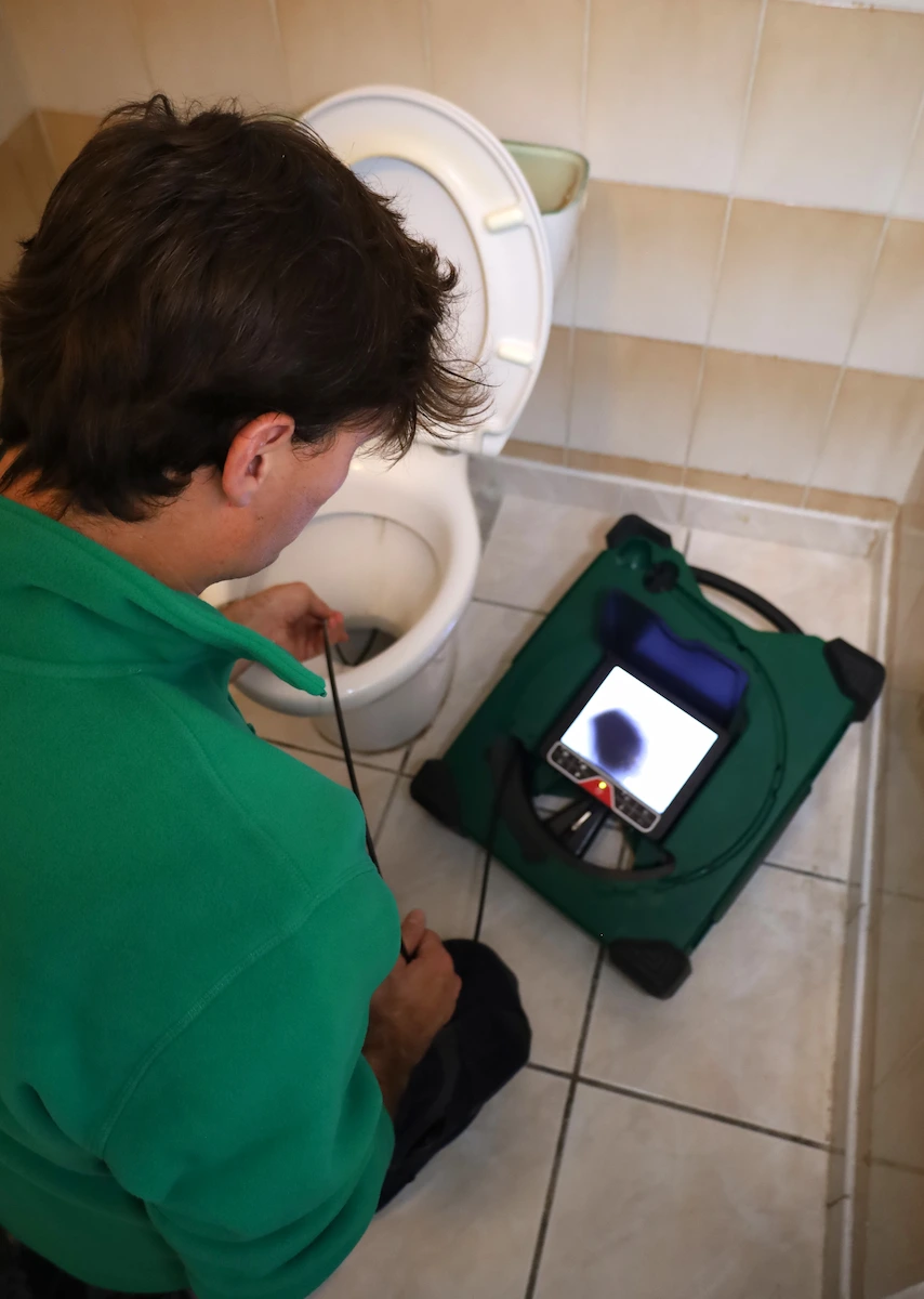 Technicien inspectant l'intérieur d'une cuvette de toilettes avec un appareil vidéo d'inspection posé au sol.