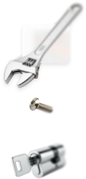 Clé à molette, vis et serrure cylindre avec une clé intégrée.