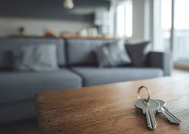 Deux clés sur une table en bois avec un canapé gris flou en arrière-plan dans un salon lumineux.