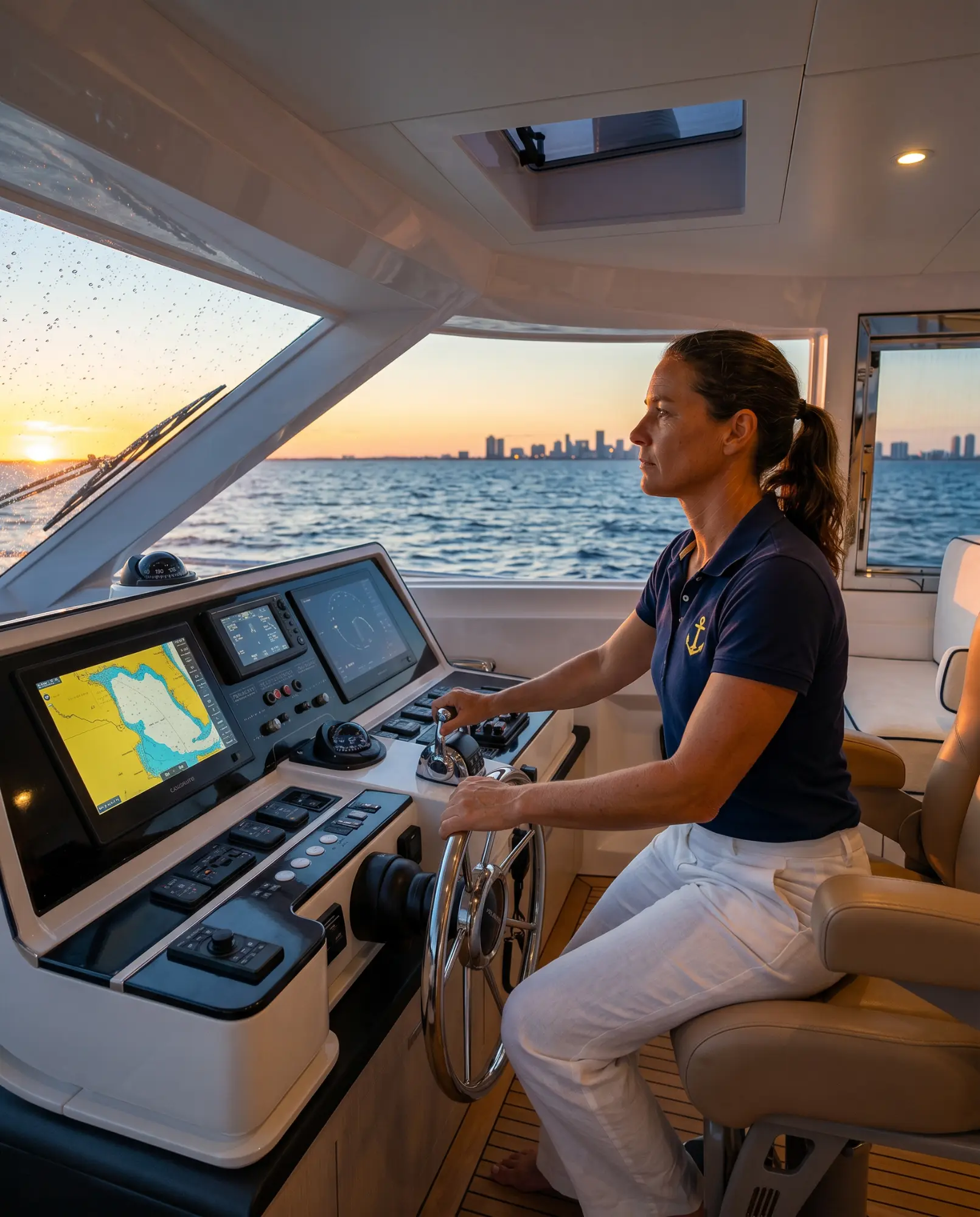 A female captain wearing a navy blue polo and white pants, inside a superyacht Helm manuvering the superyachts' at sunset out in the ocean. The Fort Lauderdale skyline off in the far distance.