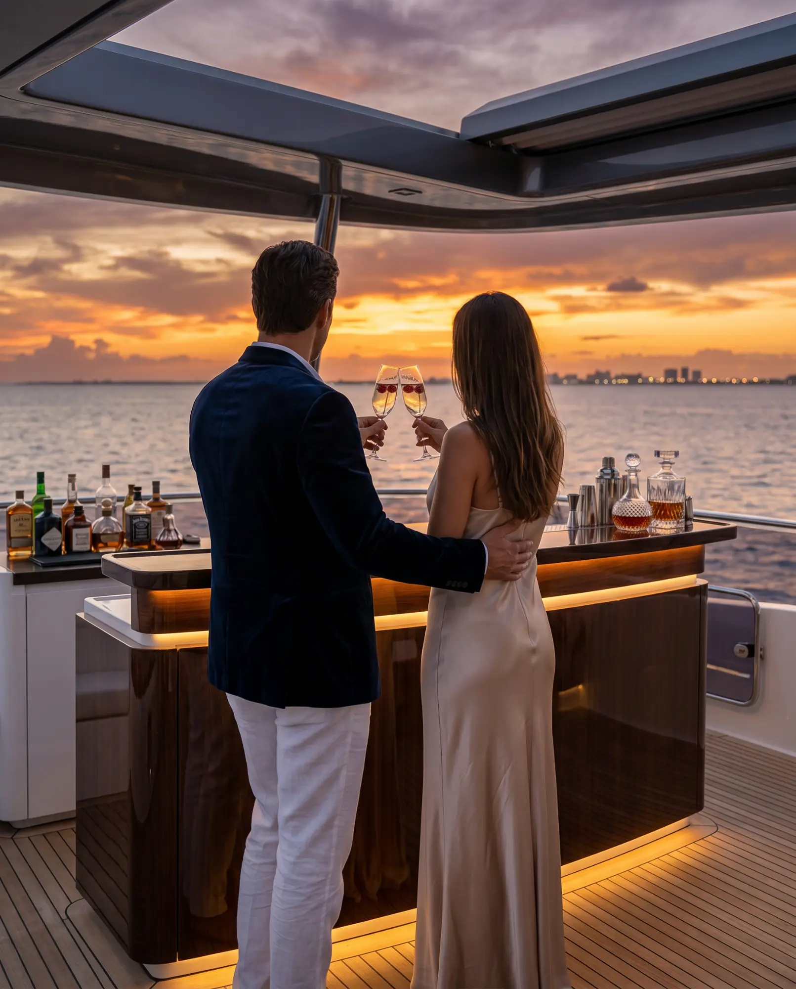 A couple dressed in luxury clothing cheersing their glass of champagne next to a bar with mood lighting at sunset on the top deck of a superyacht. The Fort Lauderdale coastline is just barely visible in the far distance, illuminated by the setting sun.