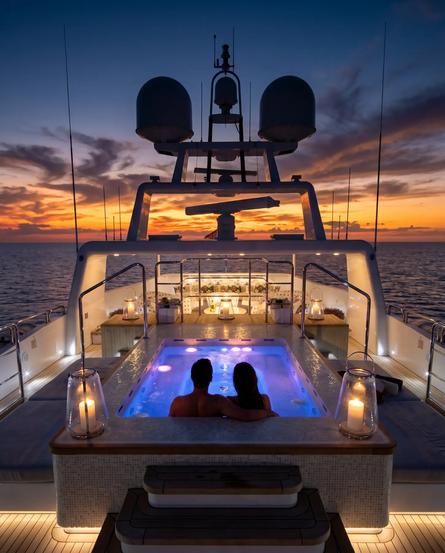 A couple sitting side by side in a spa at dusk on a superyacht. The couples backs are towards the camera so that they are looking out over an incredible sunset view in the middle of the ocean. There is nice moodlighting on the patio deck of the superyacht. 