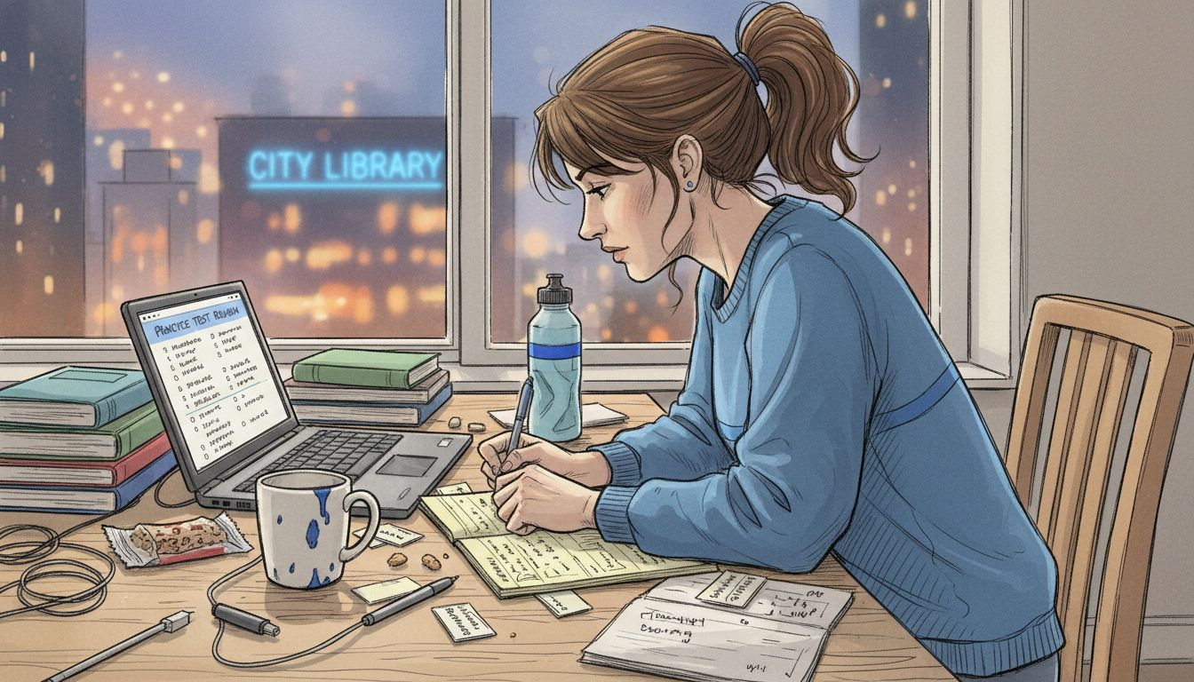 Woman analyzing GMAT test results at desk