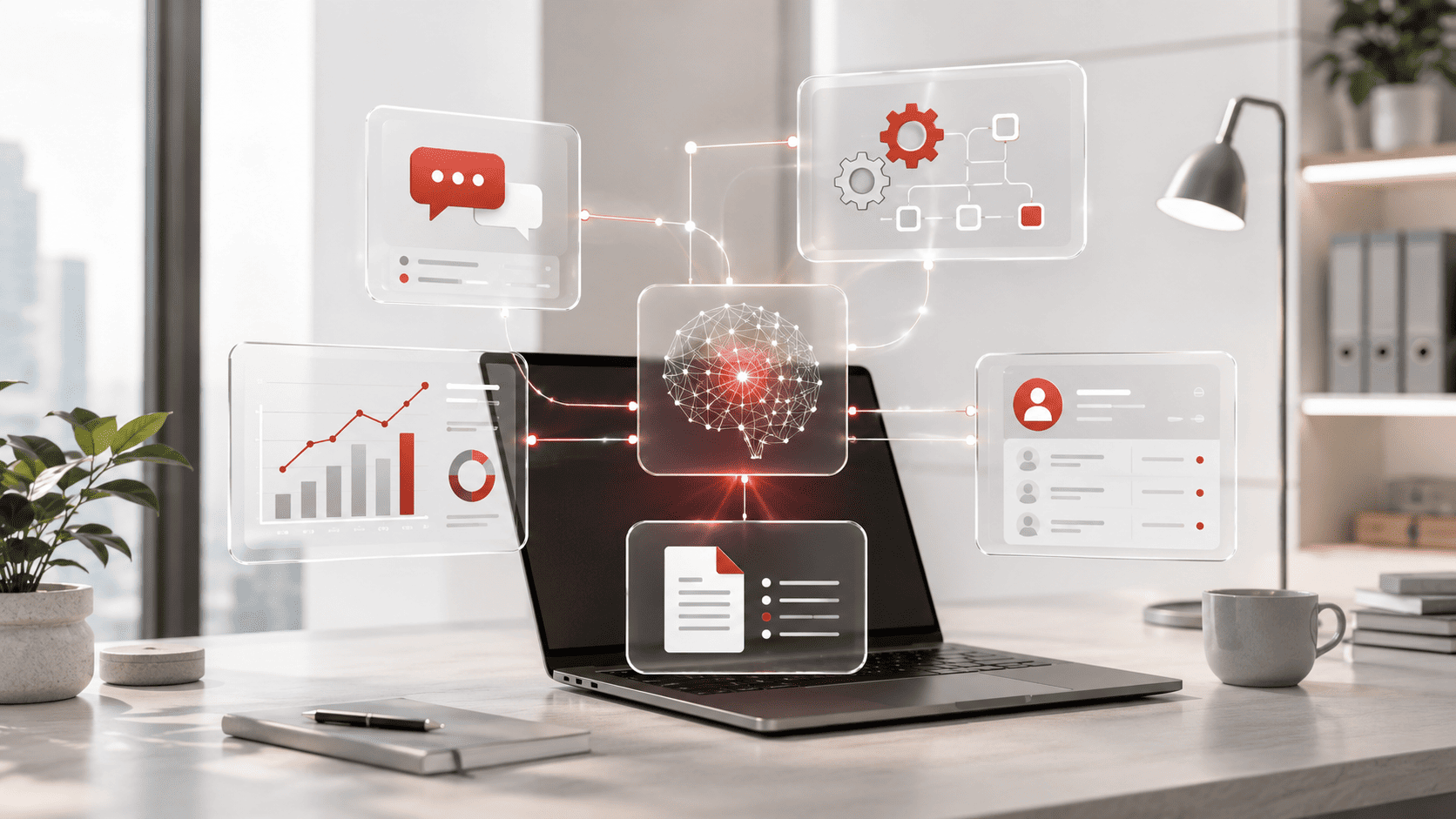 Principales solutions IA pour entreprise — agents conversationnels, automatisation, CRM augmentés et analyse de données — réunies dans un environnement de travail moderne.
