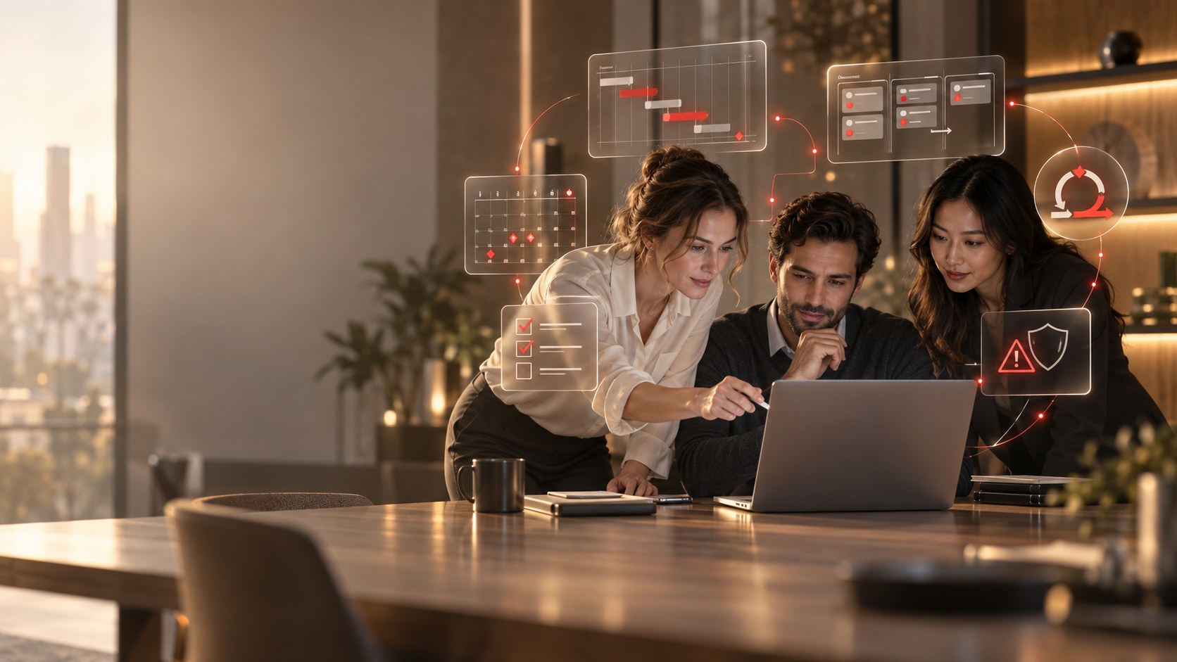 Trois professionnels réunis autour d'un ordinateur portable, entourés d'interfaces holographiques de gestion de projet digital : diagramme de Gantt, tableau kanban, calendrier de jalons et indicateur de risques