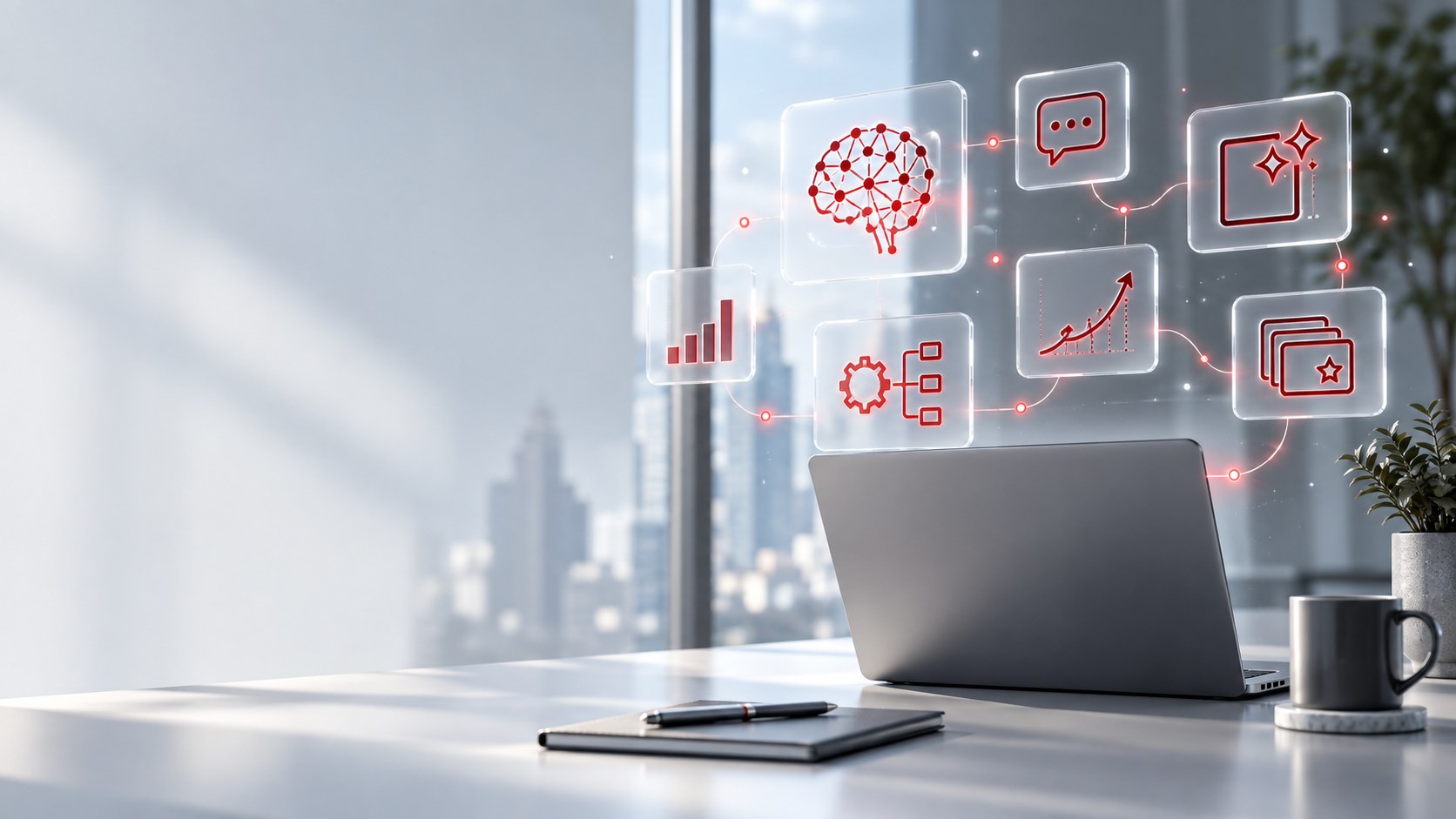 Bureau lumineux avec un ordinateur portable et des interfaces holographiques représentant les différents types d'IA : réseau de neurones, IA conversationnelle, IA générative, courbe prédictive, automatisation, analytique et recommandation