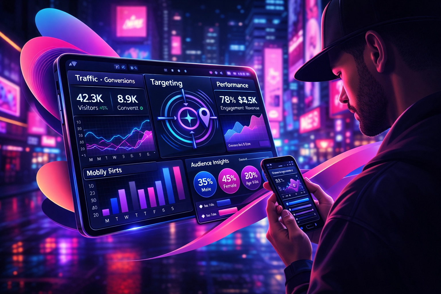 Music marketing analytics dashboard showing paid ads targeting and performance metrics