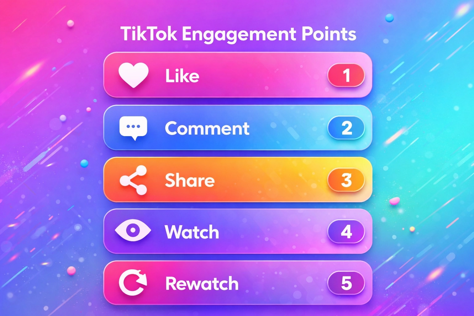 TikTok algorithm point system showing engagement metrics: likes, comments, shares, and rewatches weighted by value