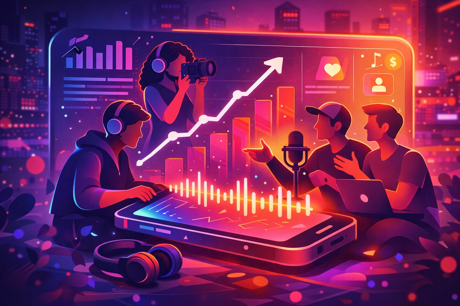 Content creators collaborating on music promotion campaign with engagement metrics and social sharing