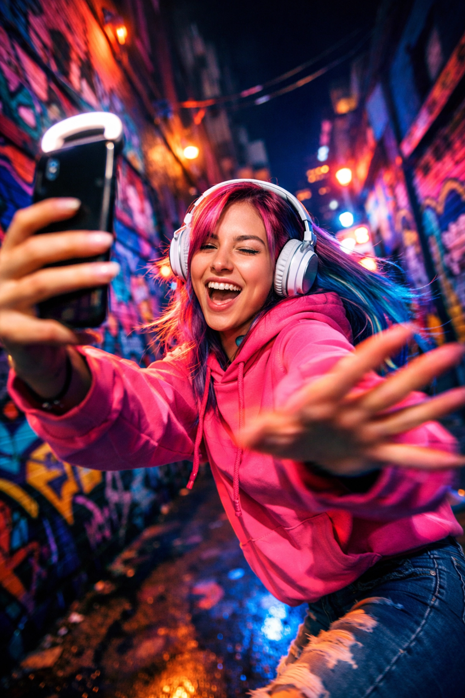 Young creator recording TikTok music video with headphones in urban street art setting