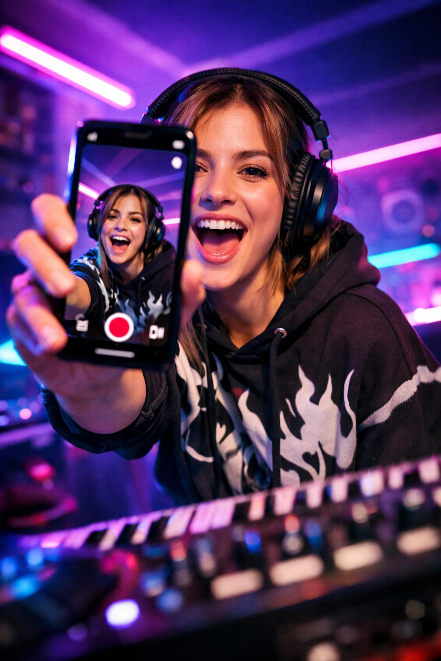 Music creator recording TikTok video with headphones in home studio for UGC campaign