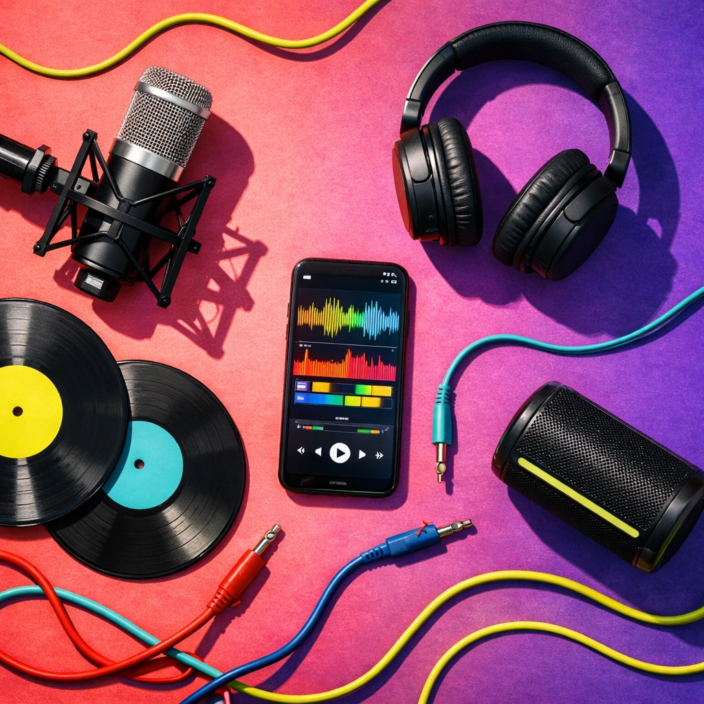 Music production equipment including microphone, headphones, and smartphone for creators