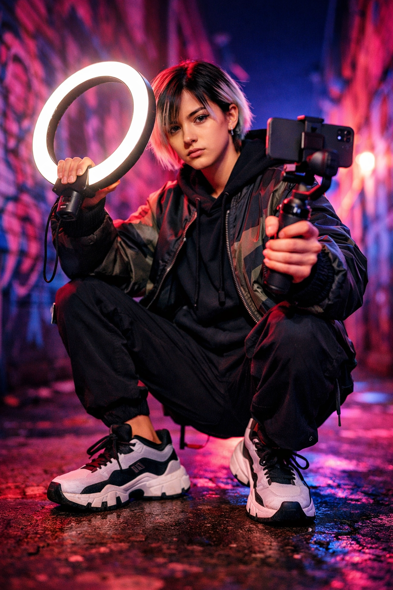 Music creator producing organic TikTok content with professional filming equipment