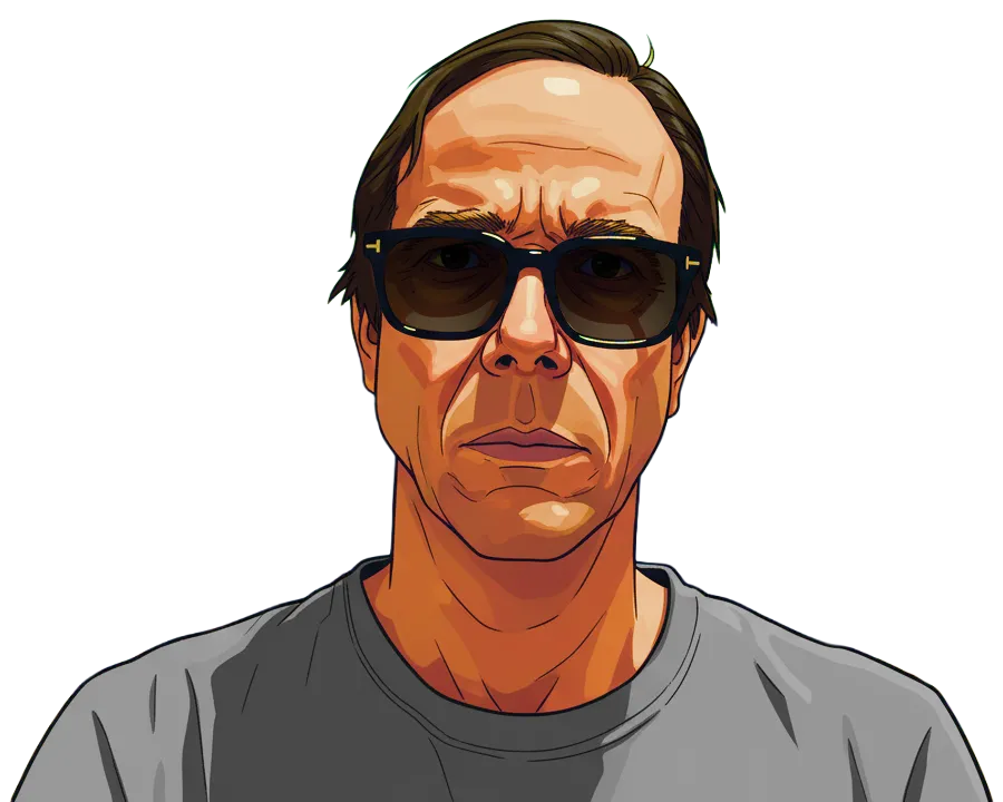 Illustration in the style of GTA poster art of Chris Keal