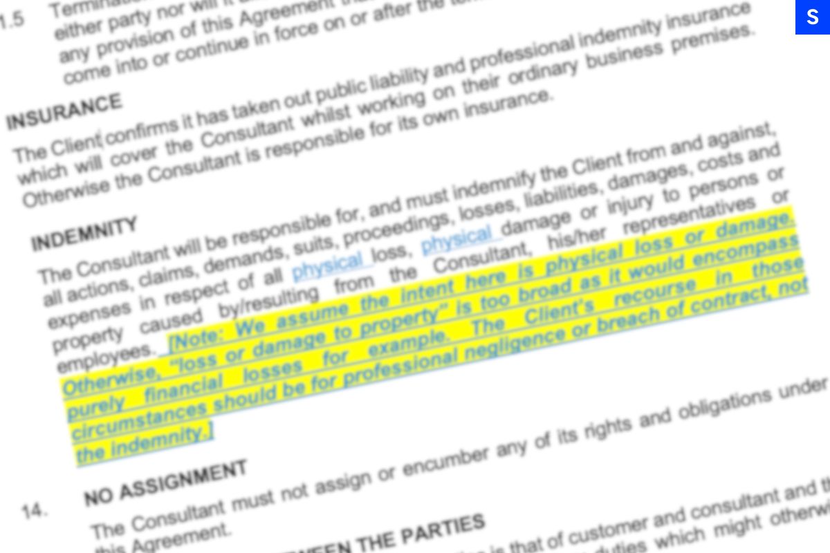 An excerpt from a contract that has been marked up in track changes, including an inline explanatory note shown in bold, italics and yellow highlight.