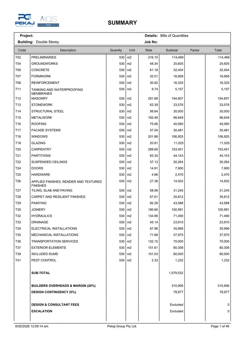 BOQ Summary - Page 1: Trade elements and rates