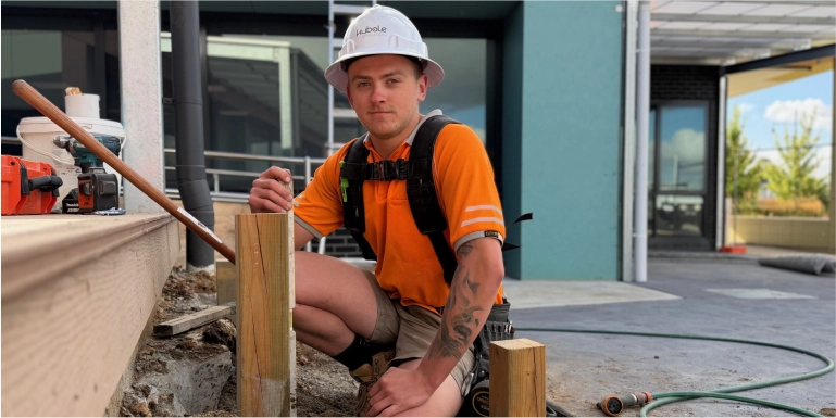 Qualified Carpenter, Dunstin Ryan building stairs in Stage 3 of the St Angela of the Cross Primary School