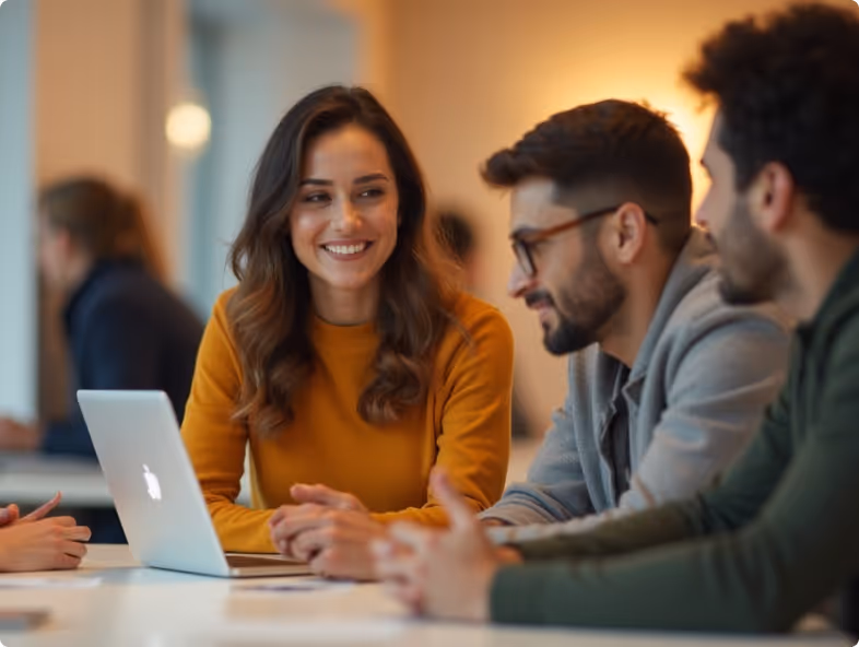 2 men and 1 woman looking towards laptop