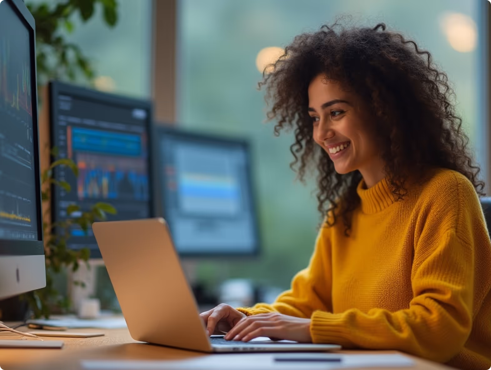 Smiling woman in yellow sweater uses laptop at desk with multiple monitors.