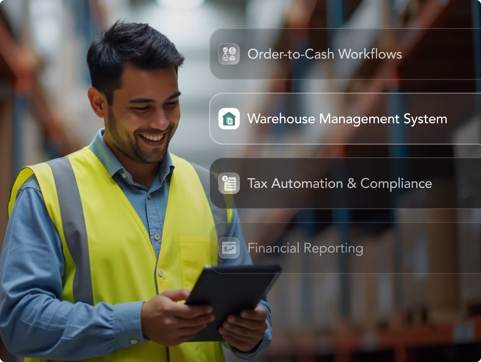 Smiling warehouse worker using tablet, showcasing order-to-cash, warehouse management, tax, and financial reporting software.